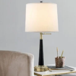 Design Classics Menali Bronze And Ebony Desk Lamp With White Linen Drum Shade