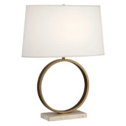 Robert Abbey Logan Aged Brass W/ Travertine Stone Base Table Lamp With Oval Shade