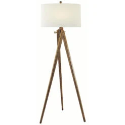 Visual Comfort Signature Collection Tripod French Waxed Wood Floor Lamp With Drum Shade