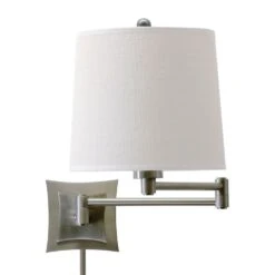 Swing Arm Lamp With White Linen Shade With Three-Way Switch